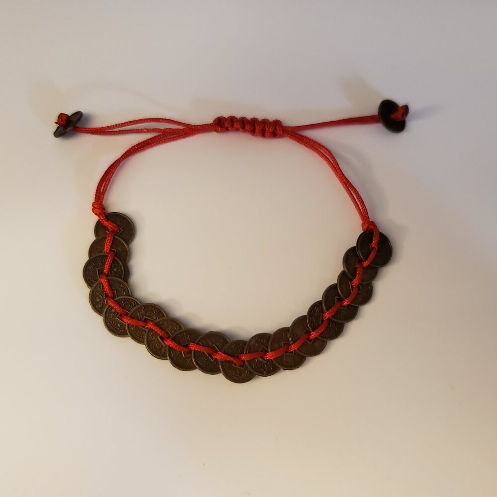 3/$10 Chinese Red String Coin Good Fortune Luck Bracelet Adjustable Sliding Knot